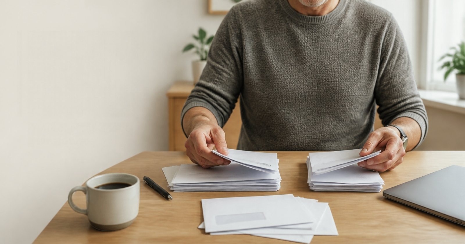 Mand sidder ved et spisebord og sorterer breve og regninger i to bunker, med en kop kaffe og en kuglepen på bordet