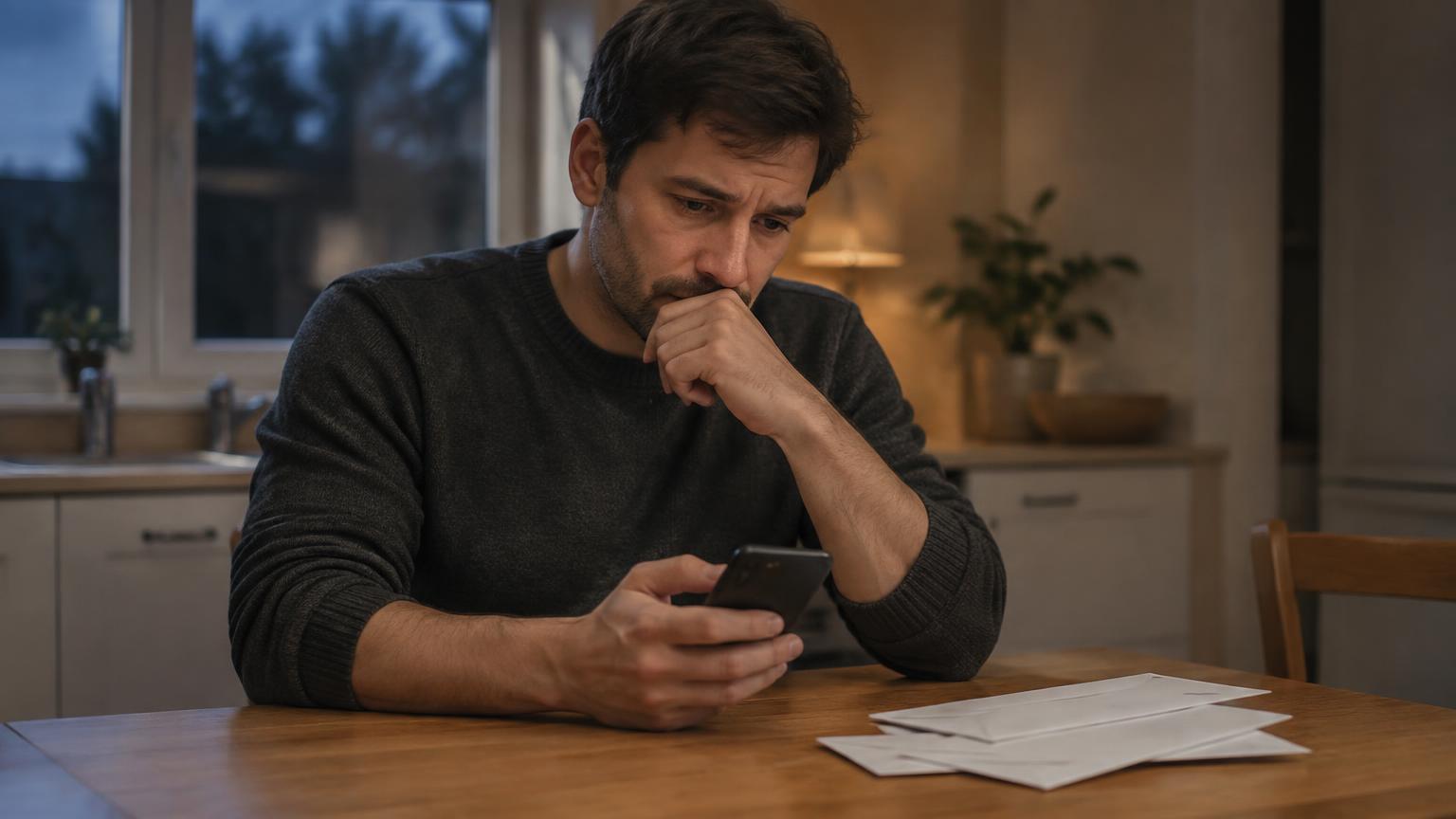 Mand sidder ved køkkenbordet om aftenen med sin telefon og uåbnede breve og ser bekymret ud